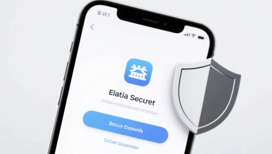 一部现代智能手机屏幕上显示新币应用的安全下载界面，旁边有安全盾牌图标，背景简洁