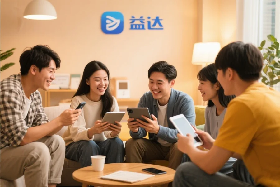 一群年轻用户围坐在一起，使用平板和手机愉快地交流，背景温馨现代，象征新币应用的社区活跃氛围